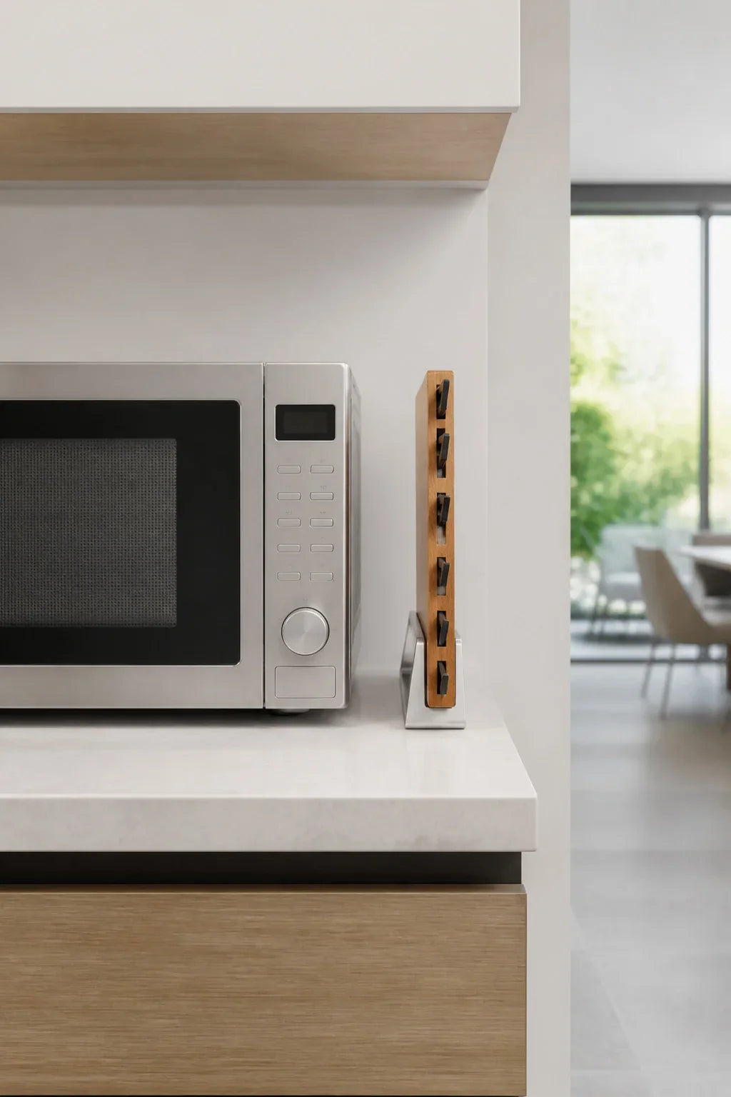 Arro upright beside a microwave