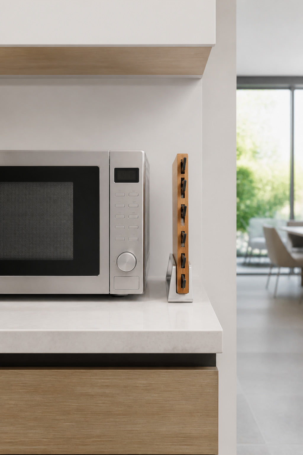 Arro upright beside a microwave