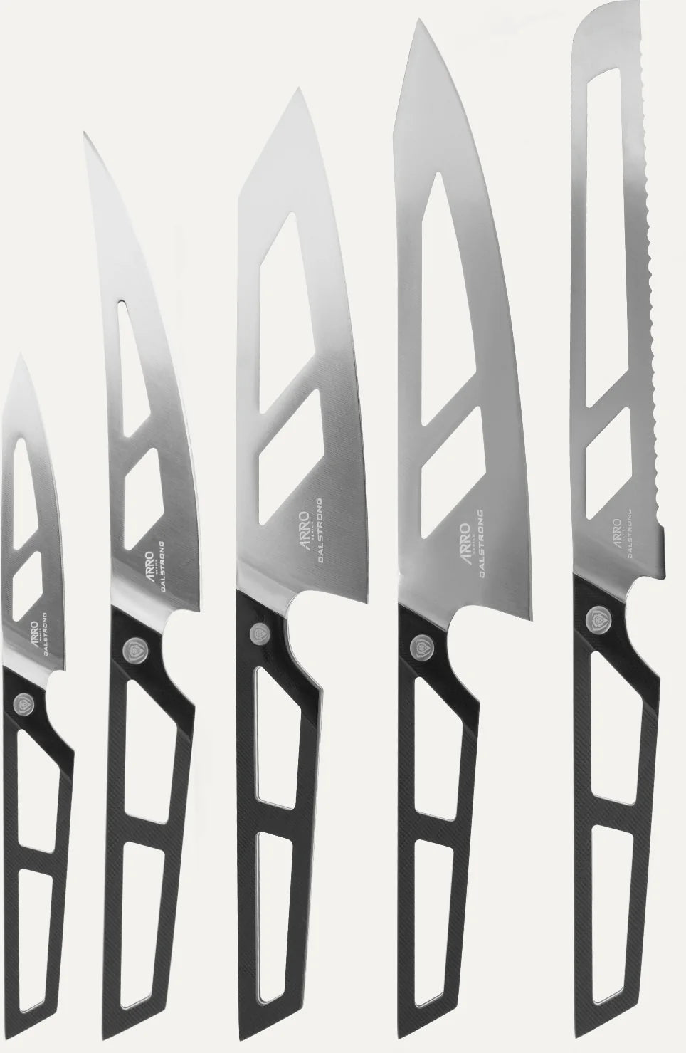 All five Arro knives displayed outside the block