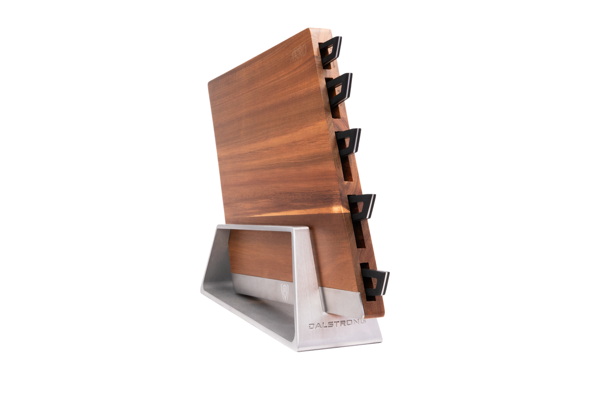 Arro five-knife set in its slim acacia block