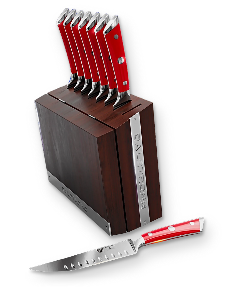 8-Piece Steak Knife Set | Red ABS Handles with Storage Block | Gladiator Series | Knives NSF Certified | Dalstrong ©