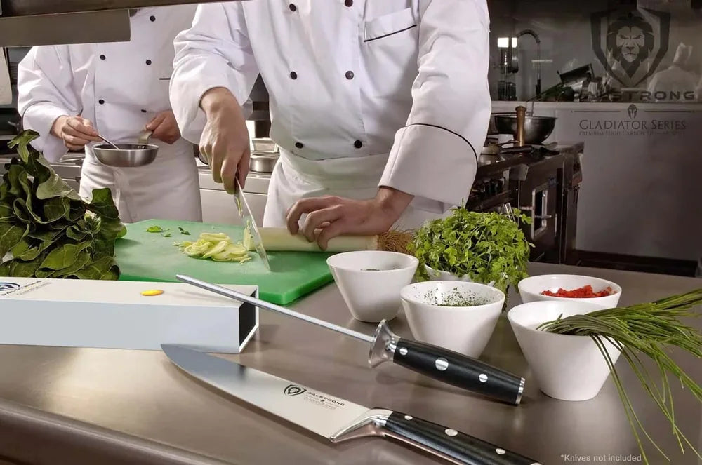 A cook using the Gladiator honing steel beside a cutting board