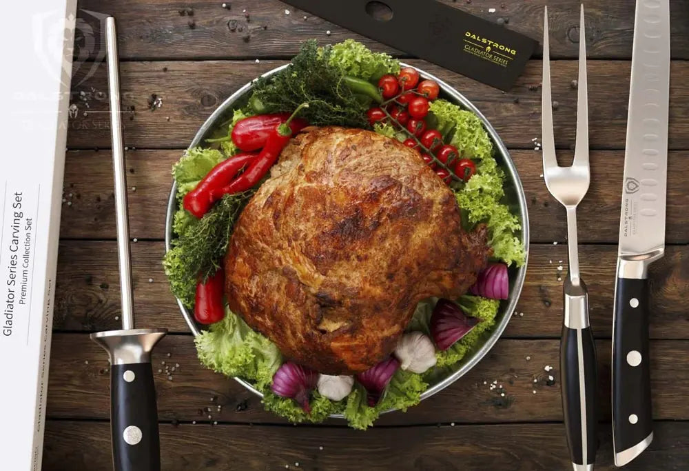 Gladiator carving knife and serving fork with a cooked turkey