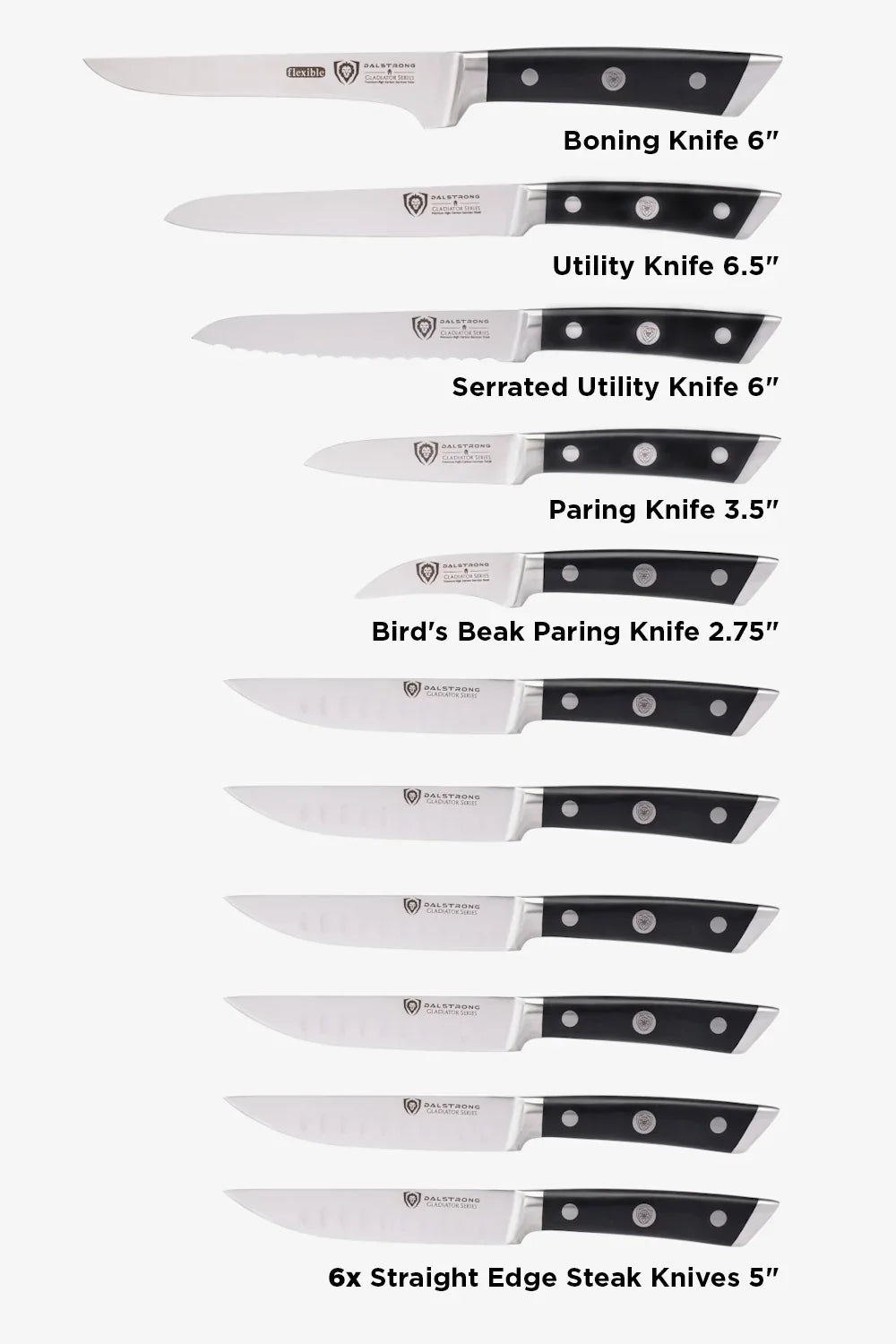 Gladiator Colossal set utility, paring, boning and steak knives laid out and labeled