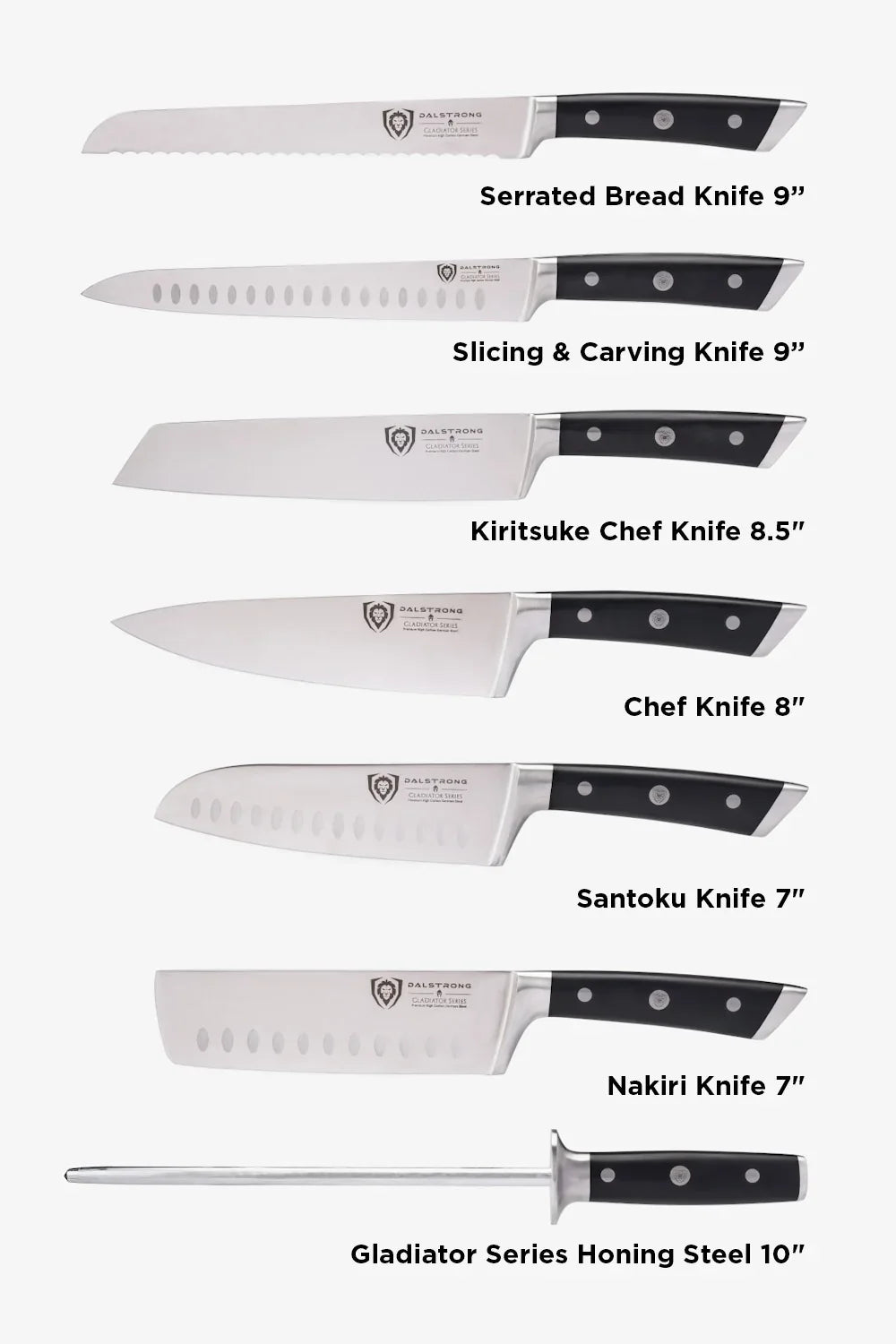 Gladiator Colossal set bread, carving, kiritsuke, chef, santoku and nakiri knives with honing rod