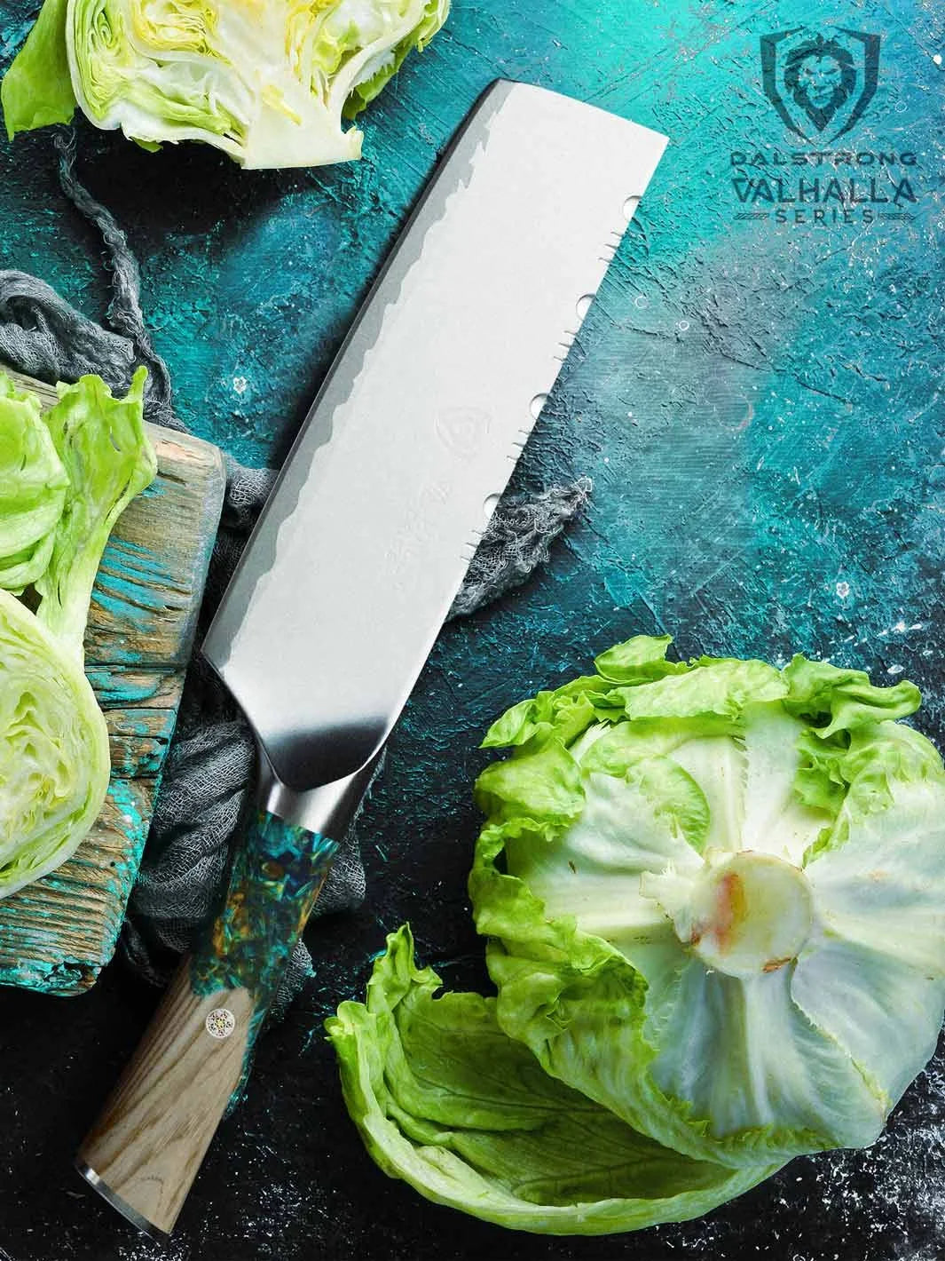Valhalla 7-inch nakiri beside leafy vegetables