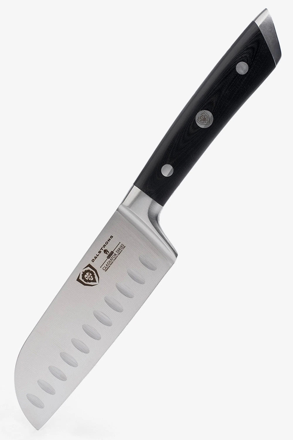 Blade detail of the Gladiator 5-inch santoku showing its downward-sloping nose and straighter edge