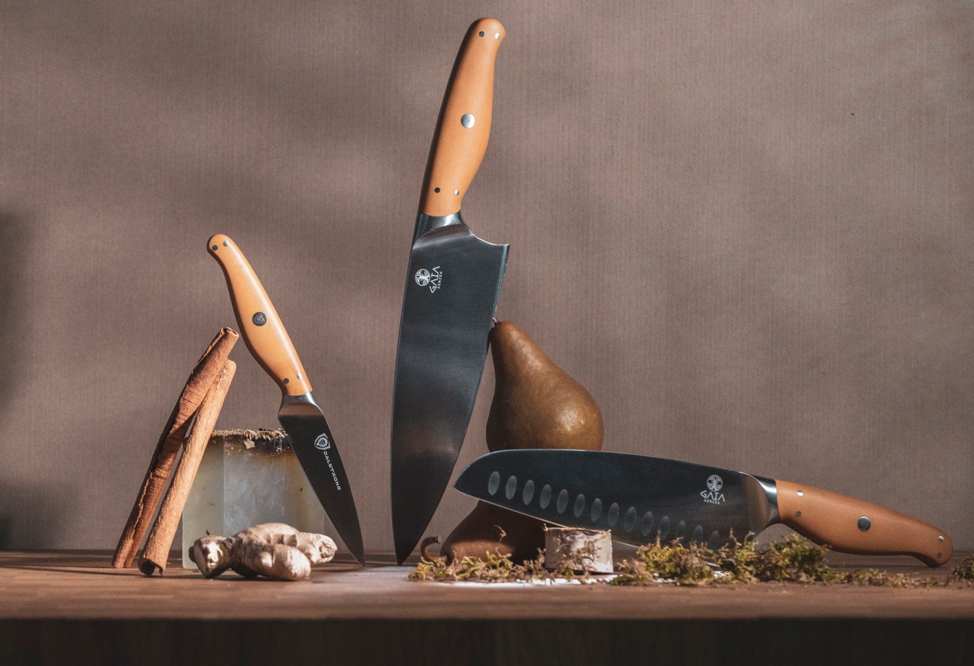 3-Piece Knife Set | Chef - Santoku - Paring | Sustainable and Earth-friendly Material | Gaia Series | Dalstrong © (image background)