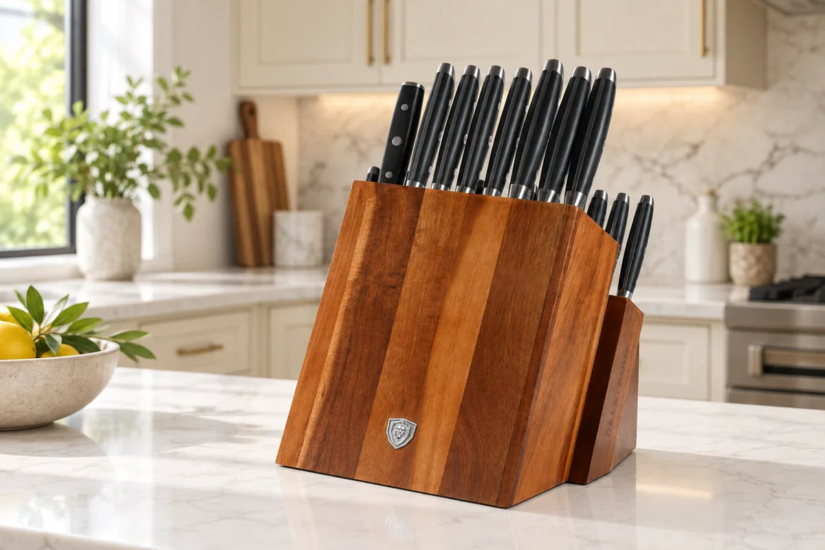 Gladiator 18-piece Colossal knife block styled on a white quartz kitchen counter