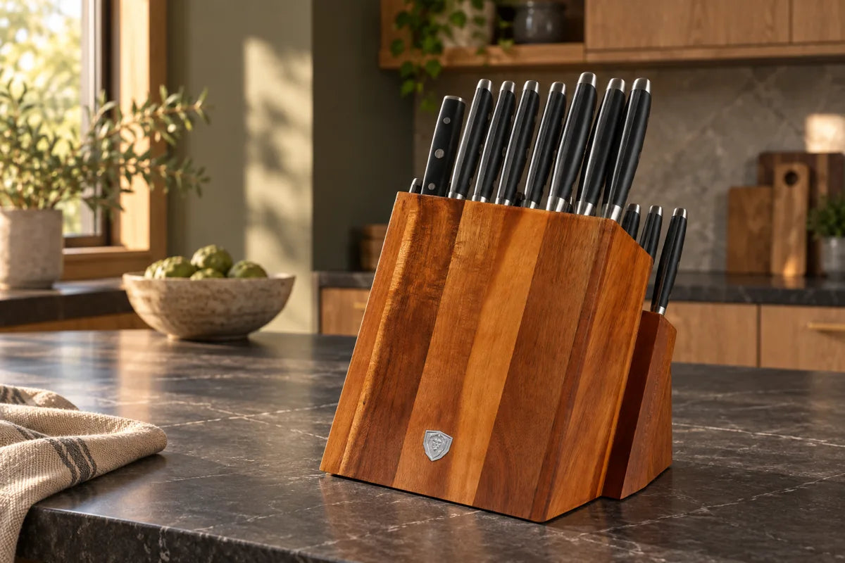 Gladiator 18-piece Colossal knife block styled on a dark counter in an oak kitchen