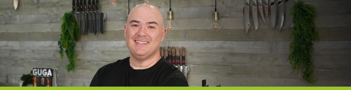 Guga in his kitchen with Dalstrong knives