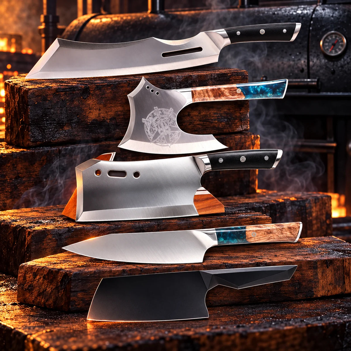 The OverDuty Arsenal bundle in a smoky BBQ setting with warm wood: Gladiator 14-inch Annihilator, Valhalla 8-inch Meat Axe, Gladiator 9-inch Obliterator with stand, Valhalla 9.5-inch chef knife (FREE), Shadow Black 7-inch cleaver (FREE)