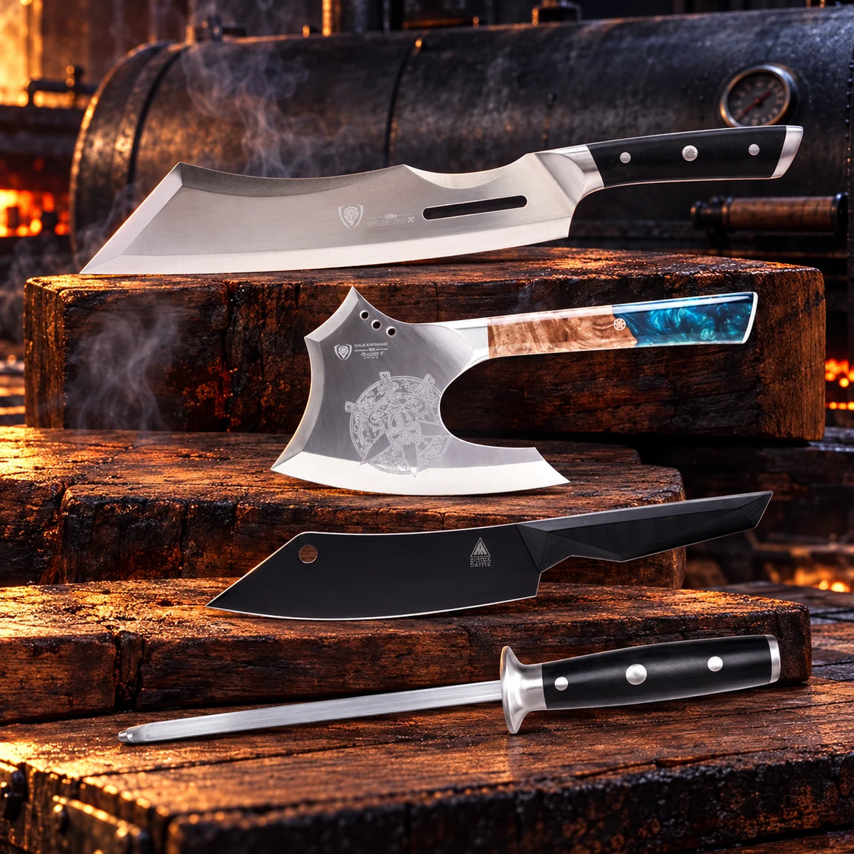 The Viking Chopper bundle in a smoky BBQ setting with warm wood: Gladiator 14-inch Annihilator, Valhalla 8-inch Meat Axe, Shadow Black 8-inch Crixus (FREE), Gladiator 10-inch honing steel (FREE)
