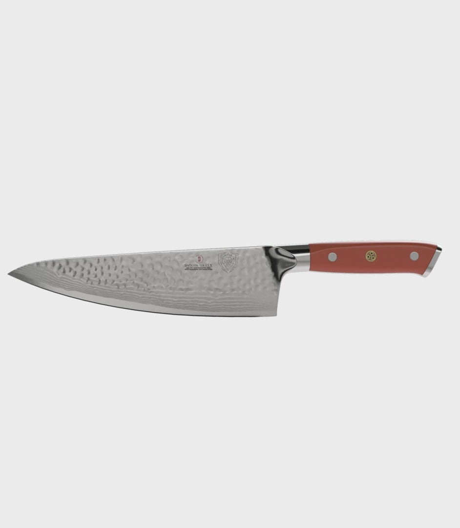 Dalstrong shogun series 8 inch chef knife with flame orange handle in all angles.