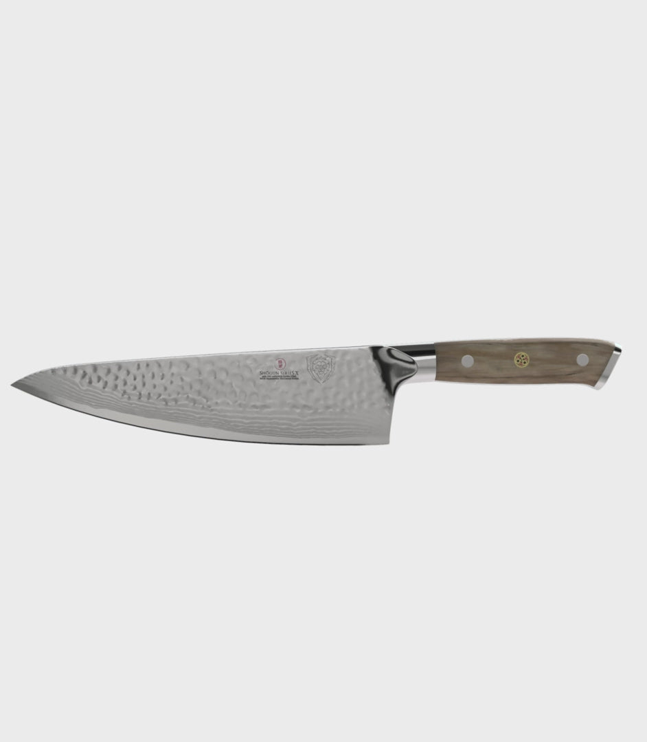 Dalstrong shogun series 8 inch chef knife with olive wooden handle in all angles.