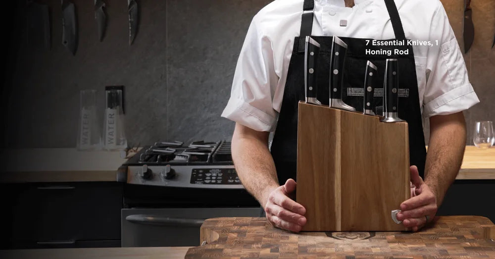 Dalstrong knife block on the counter in a working kitchen