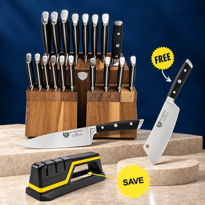Upgrade Plus complete bundle: 18 Piece Colossal knife set, Hornet whetstone sharpener, Gladiator 8" Crixus (included FREE). 1