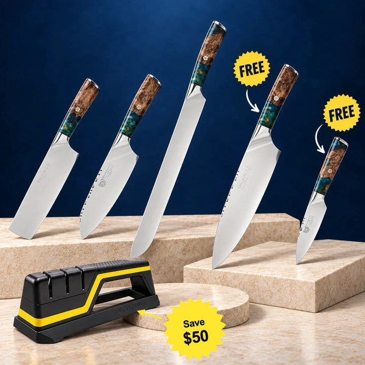 The Full Valhalla complete bundle: Valhalla 7" nakiri, Valhalla 7" santoku, Valhalla 12" slicer, Valhalla 9.5" chef knife (included FREE), Valhalla 4" paring knife (included FREE), Hornet whetstone sharpener. 1