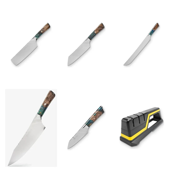 The Full Valhalla complete bundle: Valhalla nakiri, Valhalla santoku, Valhalla slicer, Valhalla 9.5-inch chef knife, Valhalla paring knife, Hornet sharpener 2
