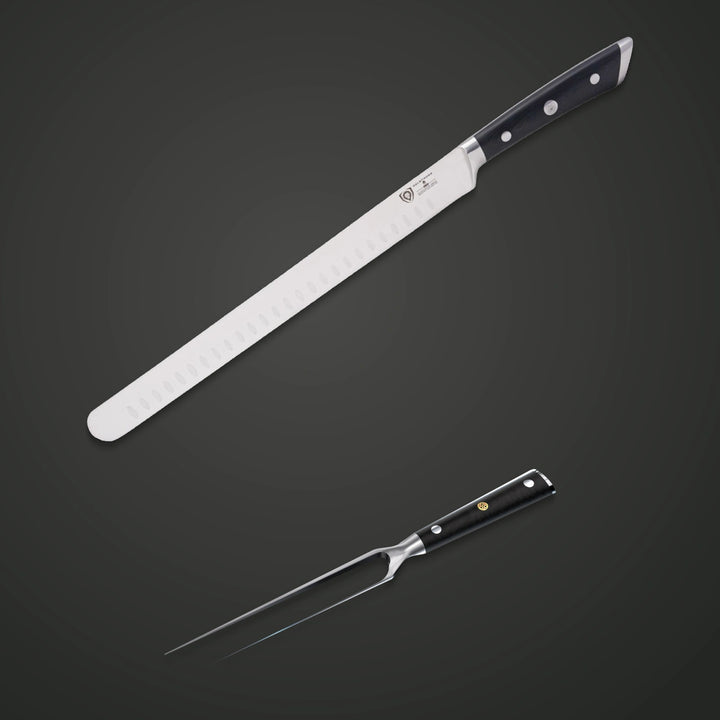 Brisket Duo complete bundle: Gladiator 12-inch slicer and Impaler 7-inch meat and carving fork. 1