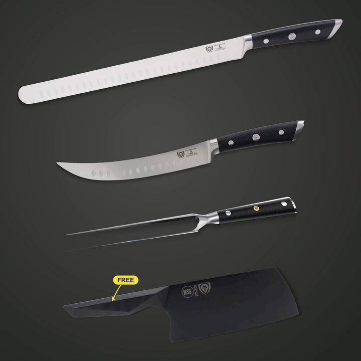 Pitmaster Kit complete bundle: Gladiator slicer, butcher knife and Impaler fork, with free Shadow Black 7-inch cleaver. 1