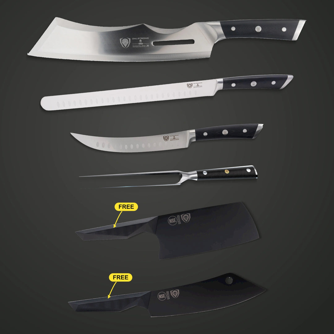 Pitmaster XL complete bundle: Gladiator Annihilator, slicer, butcher knife and Impaler fork, with free Shadow Black cleaver and Crixus. - 1