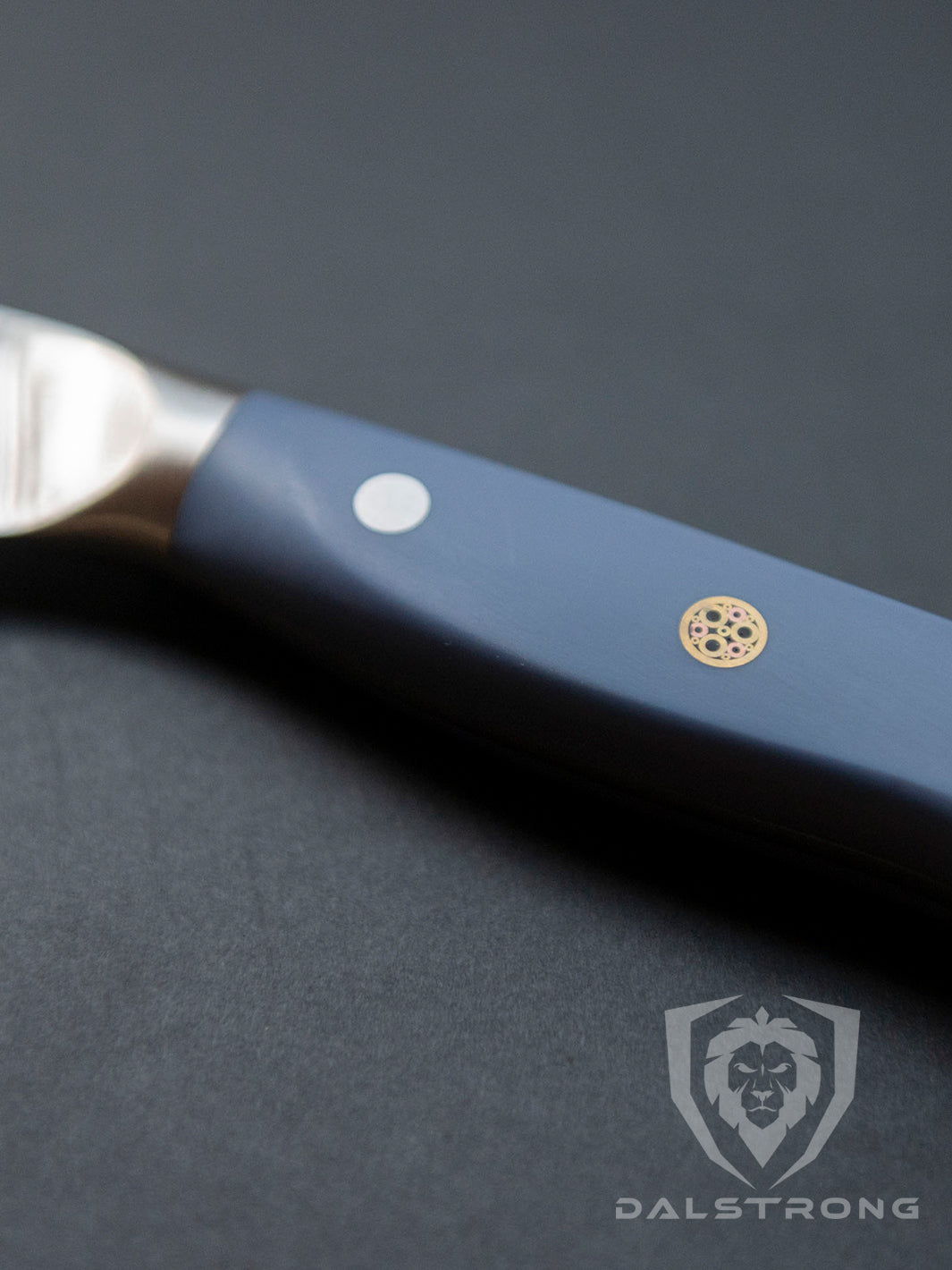 Dalstrong shogun series 8 inch chef knife with light blue matte handle on top of a solid surface.