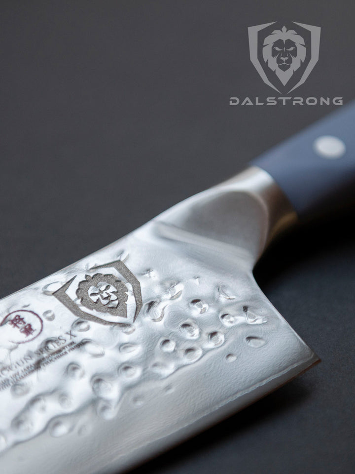 Dalstrong shogun series 8 inch chef knife with light blue matte handle and logo of Dalstrong.