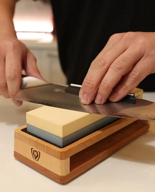 Sharpening a chef knife on the dual-sided whetstone