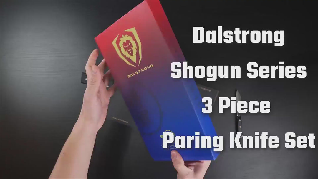 Unboxing Dalstrong shogun series 3 piece paring knife set with black handles.
