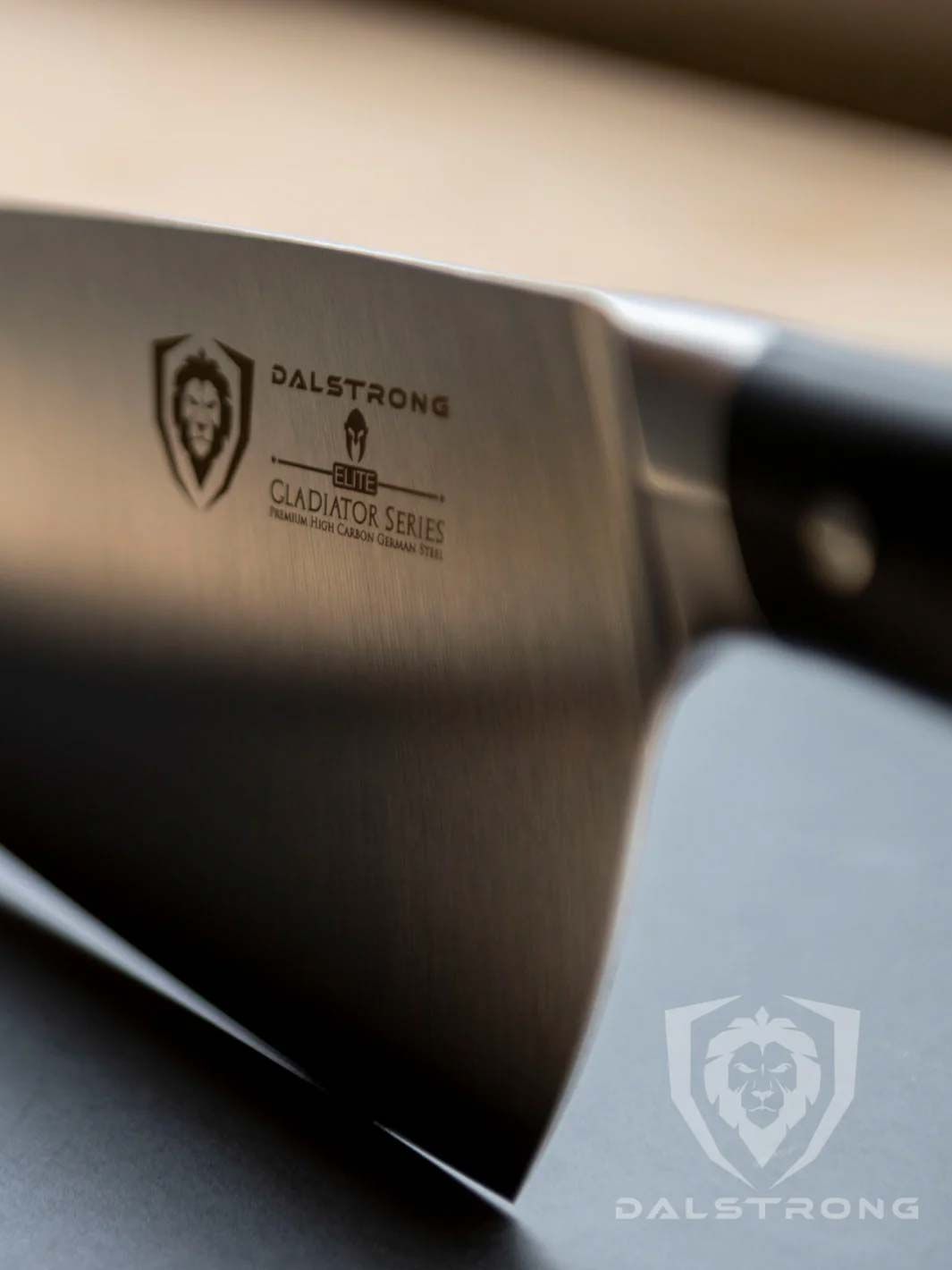 Dalstrong gladiator series 10 inch cleaver knife with black handle showcasing it's series and dalstrong logo.