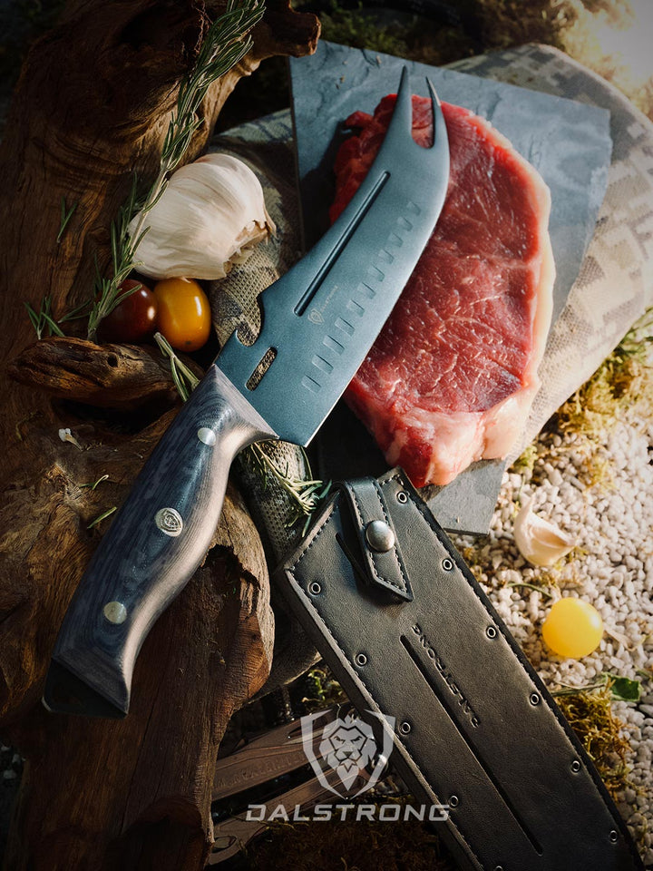 Dalstrong delta wolf series 9 inch pitmaster knife with forked tip and bottle opener beside it's sheath and steak.