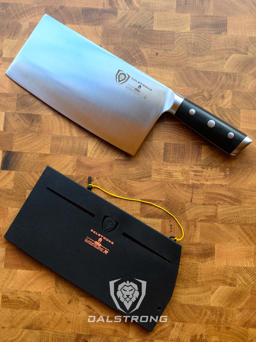 Dalstrong gladiator series 9 inch chinese cleaver with black handle and sheath on top of a cutting board.