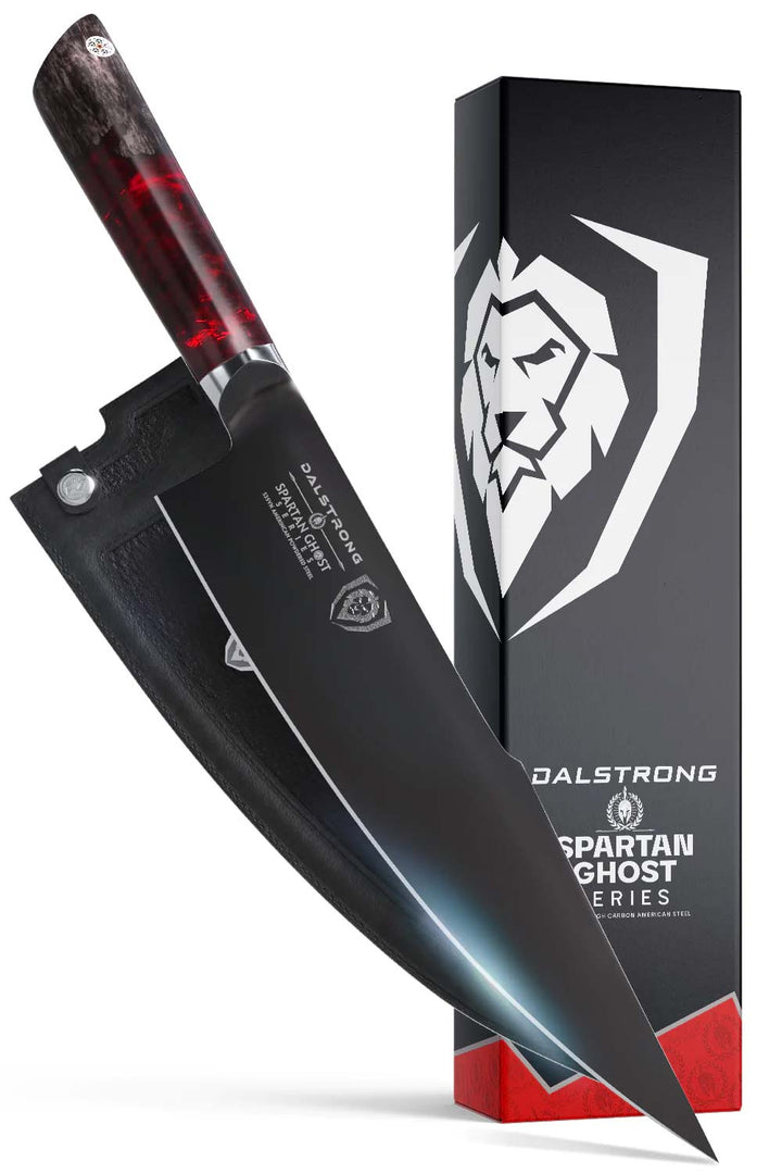 Dalstrong spartan ghost series 9.5 inch chef knife in front of it's premium packaging.