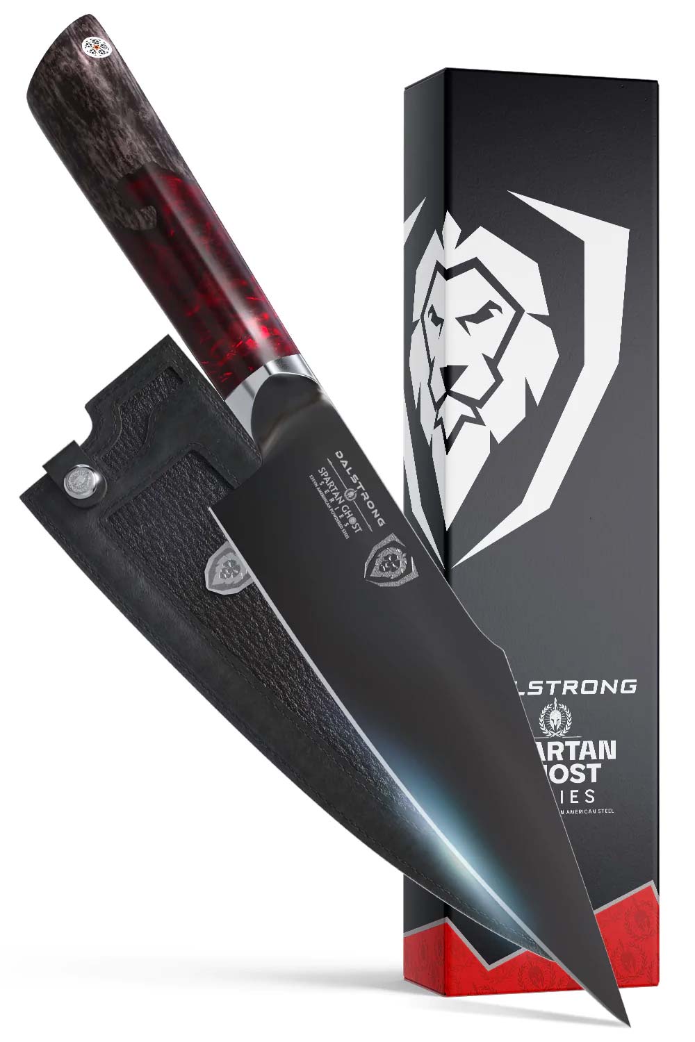 Dalstrong spartan ghost series 7 inch santoku knife in front of it's premium packaging.