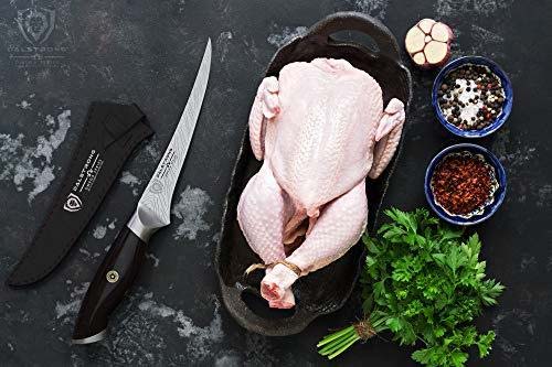 Dalstrong omega series curved boning knife with black sheath beside a whole chicken.