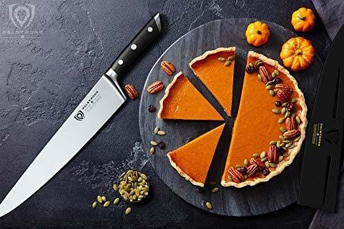 Dalstrong gladiator series 12 inch chef knife with black handle and sheath beside a sliced pie.