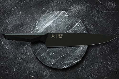 Dalstrong shadow black series 9.5 inch chef knife on top of a cutting board.