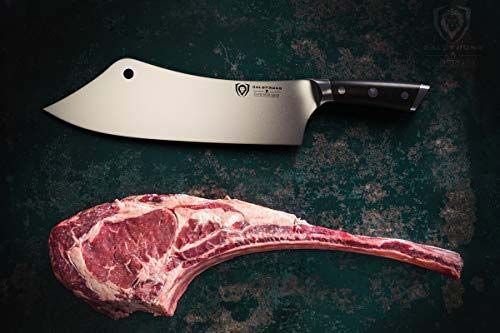 Dalstrong gladiator series 12 inch crixus cleaver knife with black handle and a tomahawk steak at the bottom.