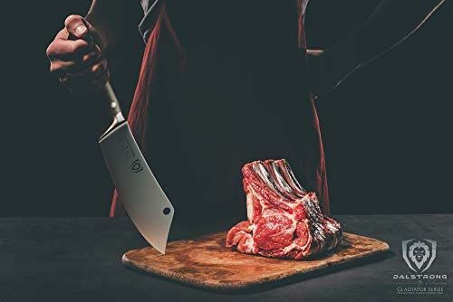 Dalstrong gladiator series 8 inch crixus cleaver knife with black handle and a hug cut of meat on a wooden cutting board.