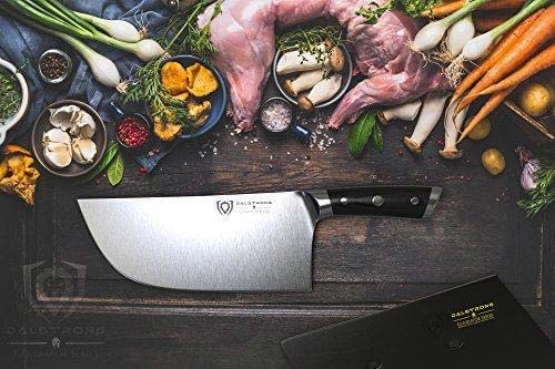 Dalstrong gladiator series 9 inch ravager cleaver knife with different kinds of vegetables and a large meat above it.