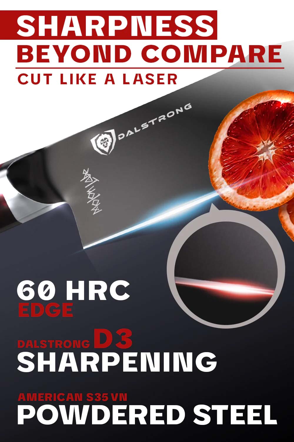 Dalstrong spartan ghost series 7 inch santoku knife featuring it's razor sharp blade.