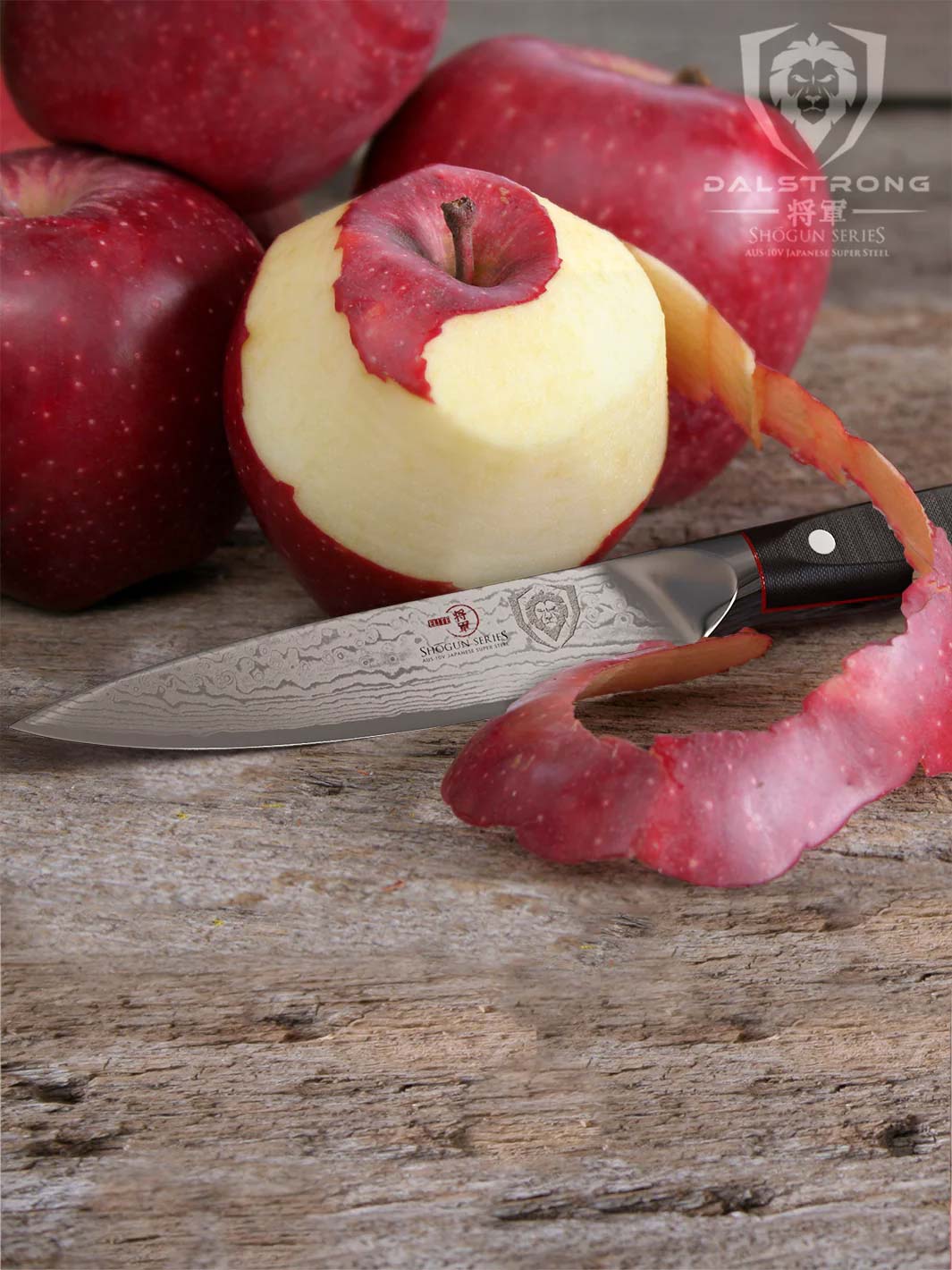 Dalstrong shogun series 3.5 inch paring knife with black handle and a peeled apple on a wooden table.