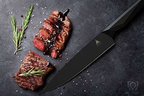 Dalstrong shadow black series 9.5 inch chef knife with slices of steak at the side.