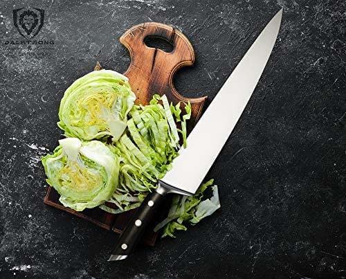 Dalstrong gladiator series 12 inch chef knife with black handle and sheath beside a chopped cabbage.