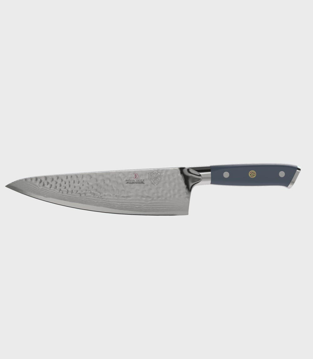 Dalstrong shogun series 8 inch chef knife with light blue matte handle in all angles.