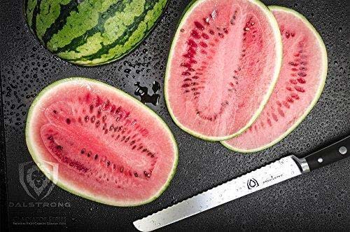 Dalstrong gladiator series 10 inch serrated bread knife with black handle and slices of watermelons.