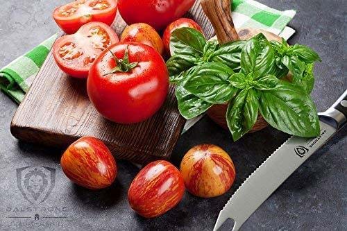 Dalstrong gladiator series 5 inch tomato knife with black handle and sheath beside some red tomatoes on a wooden board.