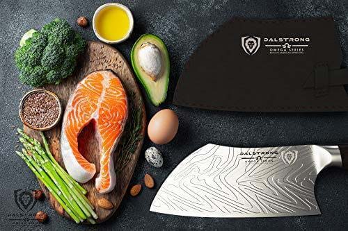 Dalstrong omega series 7 inch cleaver knife with a salmon fillet on a cutting board.