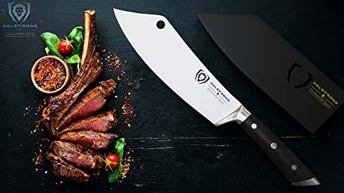 Dalstrong gladiator series 8 inch crixus cleaver knife with black handle and sheath beside slices of steak.